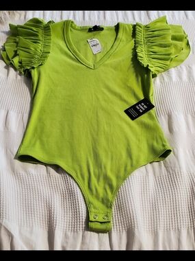 Express Bright Green Ruffle Sleeve Bodysuit